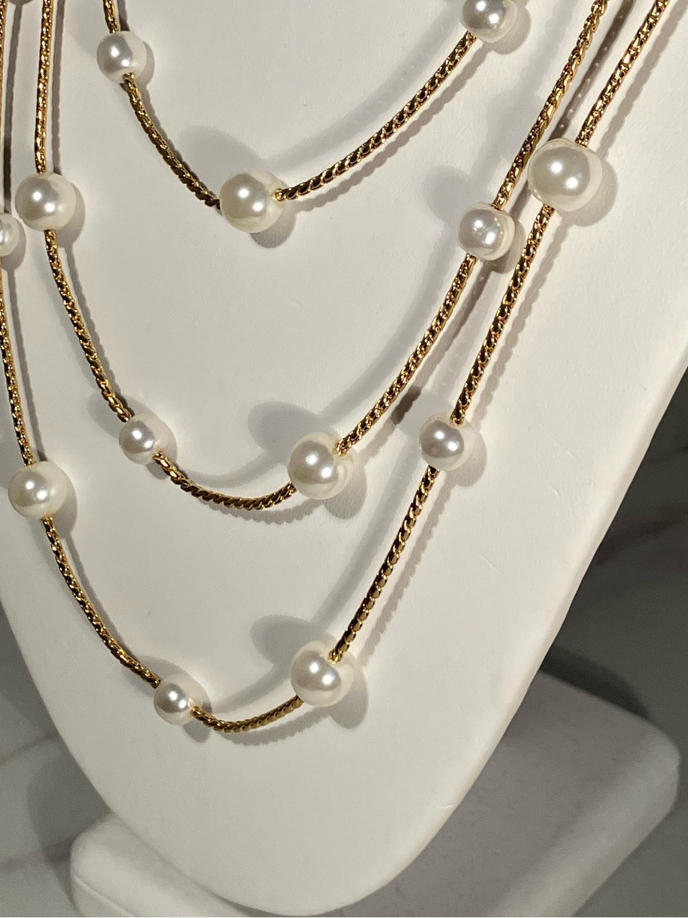 Gold Faux Pearl Necklace Elegant station design 61” works for layering or alone